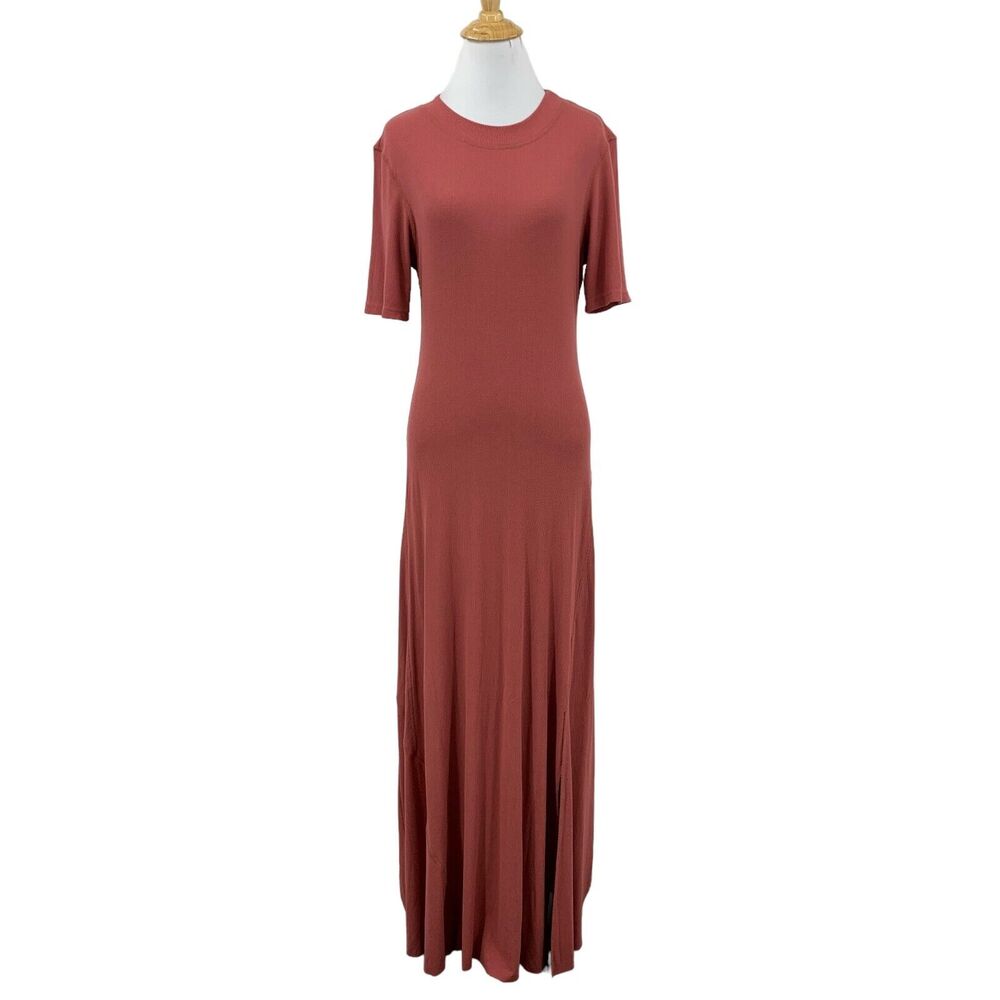 All Row Dress Womens M Medium Dusty Rose Ribbed Slit Short Sleeve Stretch Maxi